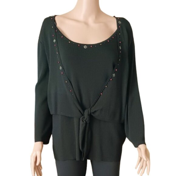 Studio I Black Tie Front Sweater 18W Beaded Trim 3/4 Sleeves Stretch Top - Picture 4 of 9
